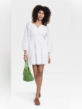 NWT Universal Thread White Eyelet 3/4 Puff Sleeve Dress